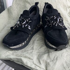 Black Suede Crystal Embellished Slip-On Sneakers | Rhinestone Bling Shoes.